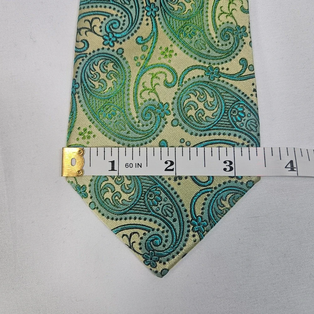 Paul Malone Palm Beach‎ Silk Paisley Necktie Mens Gold Green Blue Formal